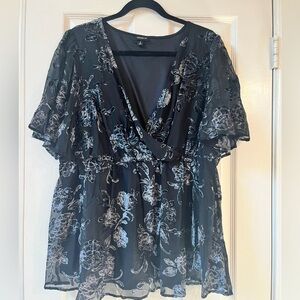 Torrid Black Blouse with Blue Floral Pattern